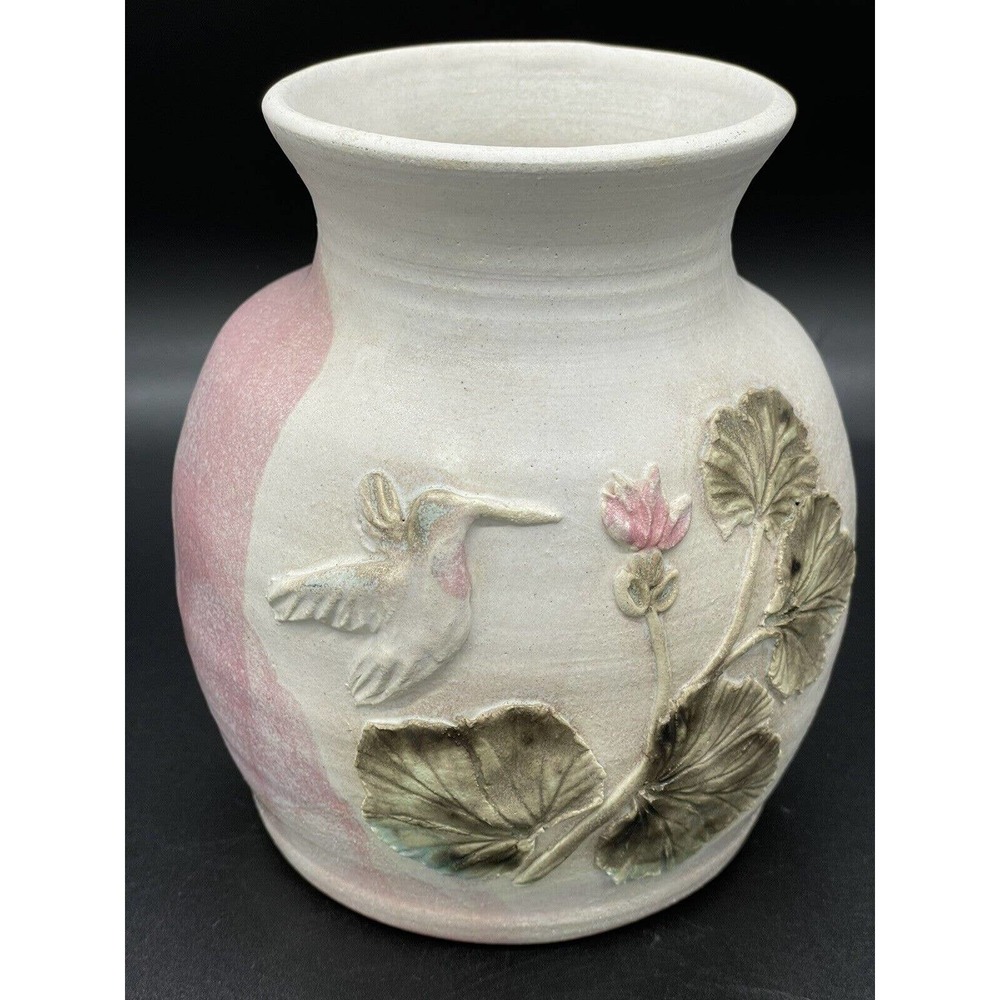 Hummingbird Art Pottery Vase Signed With Raised Floral Relief Design Signed